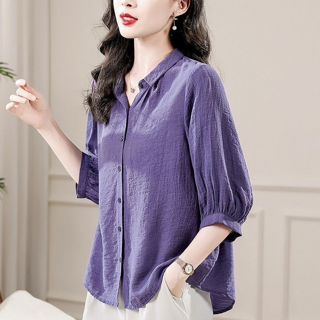 Neirny 중년여성 쉬폰 블라우스 봄가을 고급 엄마옷 무드 데일리 기질 패션 루즈핏 솔리드 셔츠