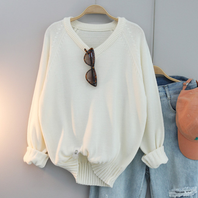 여성용 빅사이즈 오버핏 긴팔 니트 브이넥 데일리룩 부드러운 루즈핏