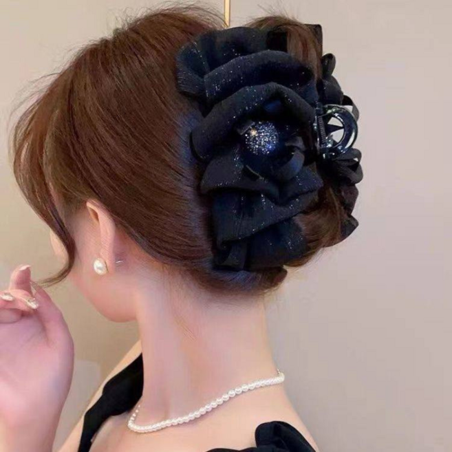 우아한 블랙 쉬폰 곱창 헤어핀 반짝이 리본 집게핀 포인트 집게핀