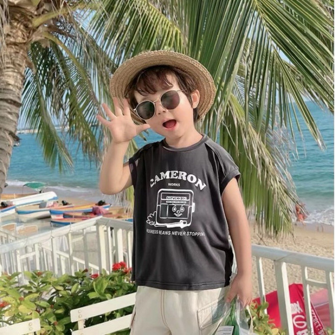萱寶媽咪baby童裝館 韓版兒童夏季寬鬆無袖上衣 男童簡約字母印花背心