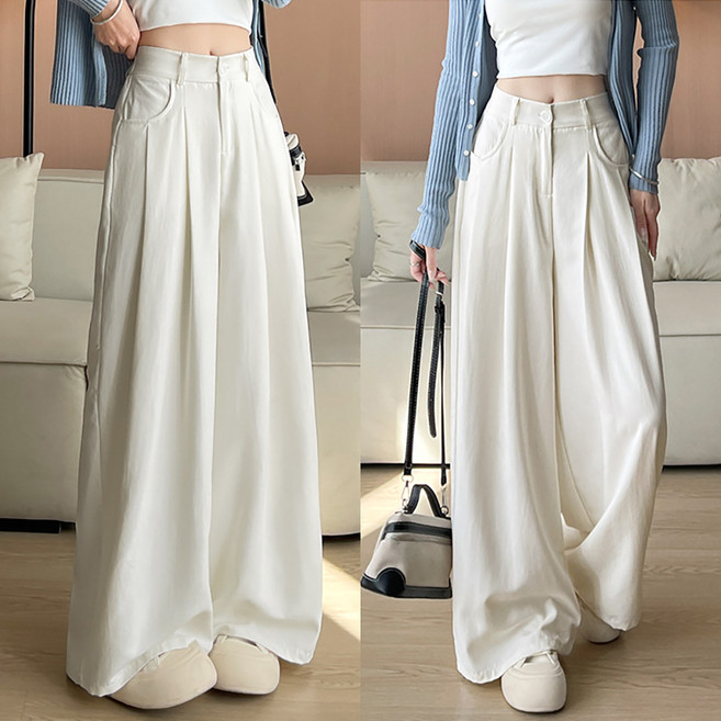 네모엔룩 피치스킨와이드 여성용 롱다리 와이드핏 통바지 허리 뒷밴딩 포켓 핀턱 주름 슬랙스 롱 팬츠