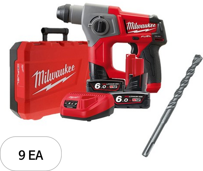 밀워키 12V FUEL SDS-PLUS 함마드릴 M12 CH(M12 CH-602C) + SDS 2날 드릴비트 6 x 160 mm 4932 3070 69, 9세트