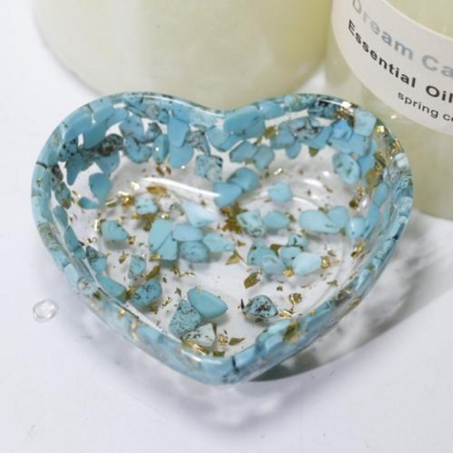 크리스탈싱잉볼 크리에이티브 크리스탈 치유 돌 수지 칩 하트 모양의 그릇 장식 홈 액세서리 책상 미니어처, Turquoise gold foil