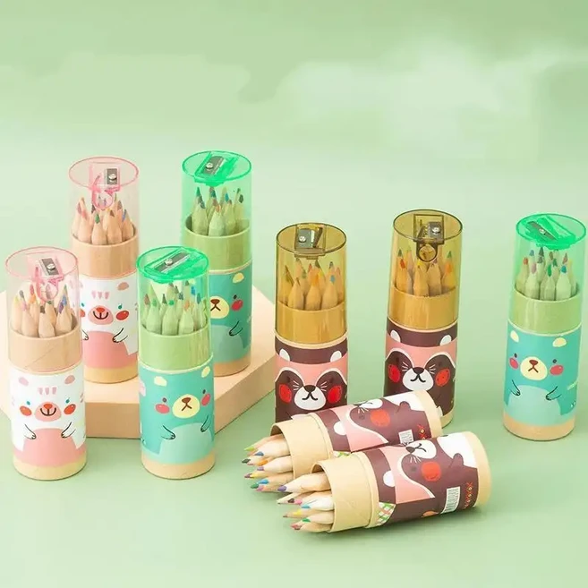 새로운 12개입박스 나무 색연필 색연필깎이 선물 세트 학생 미술용품, Random color
