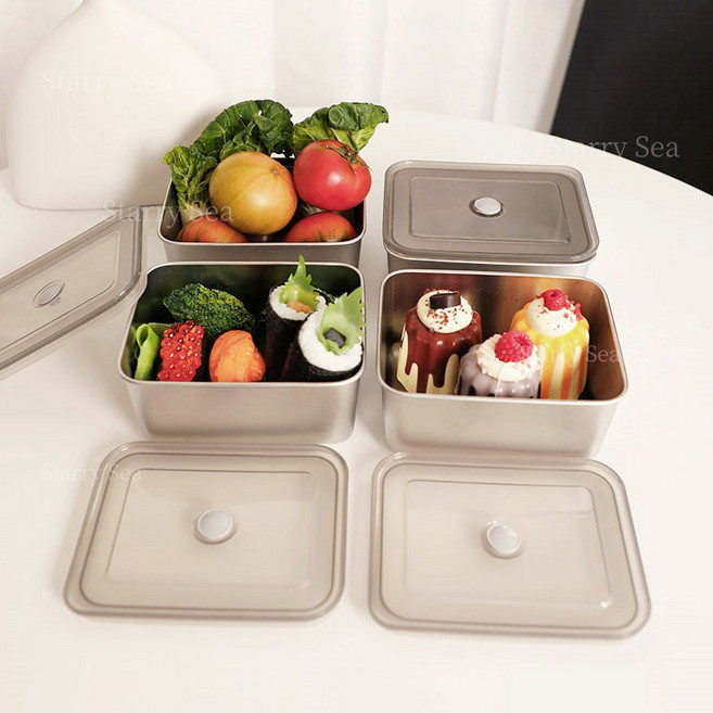 Starry Sea 304 스텐 밀폐용기 직사각 김치통 반찬통 간식통 과일통 보관용기 4종세트, 밀폐용기4p, 1세트