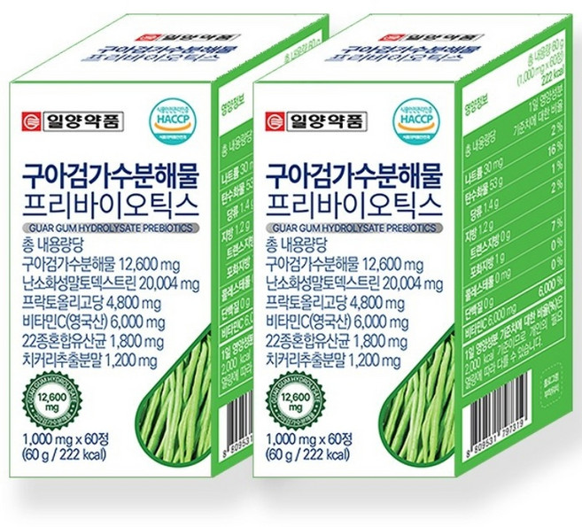 일양약품 구아검가수분해물 12600mg 프리바이오틱스 22종 프로바이오틱스 유산균 비타민C 식약처인정 배변, 2개, 60정