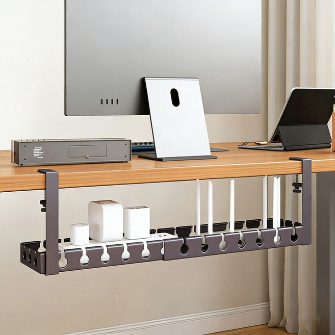 JLVJ 멀티탭 수납 거치대 전선 정리 수납함 책상 멀티탭 정리함 길이 조절 가능한 무타공 멀티탭 거치대, 검은색, 1개