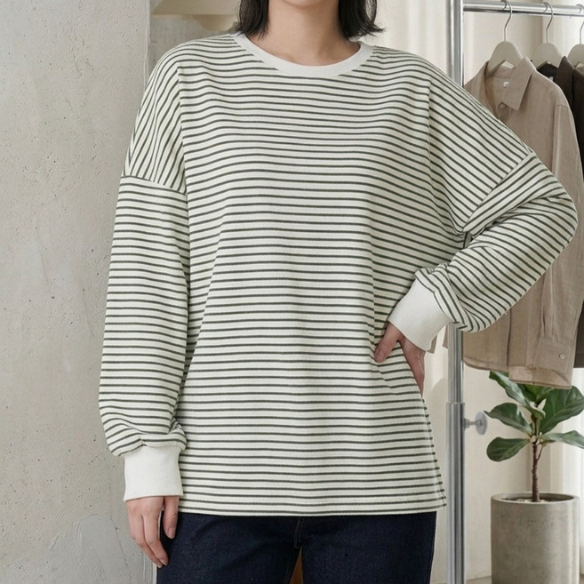 노나네 여성 스트라이프 맨투맨 라운드 티셔츠 오버핏 간절기 긴팔 빅사이즈 6컬러