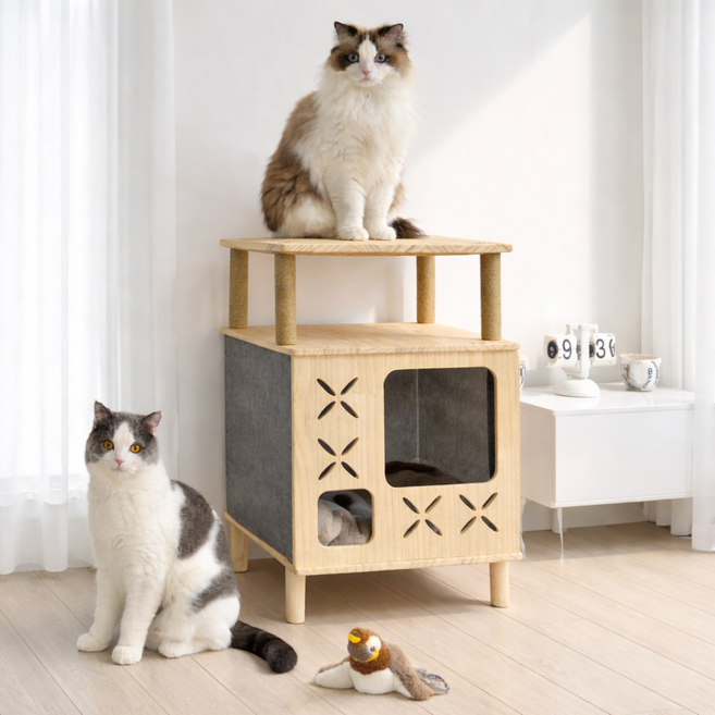 MAAH 고양이 2단 원목 숨숨 하우스 40 x 40 x 61 cm, 1개, 우드