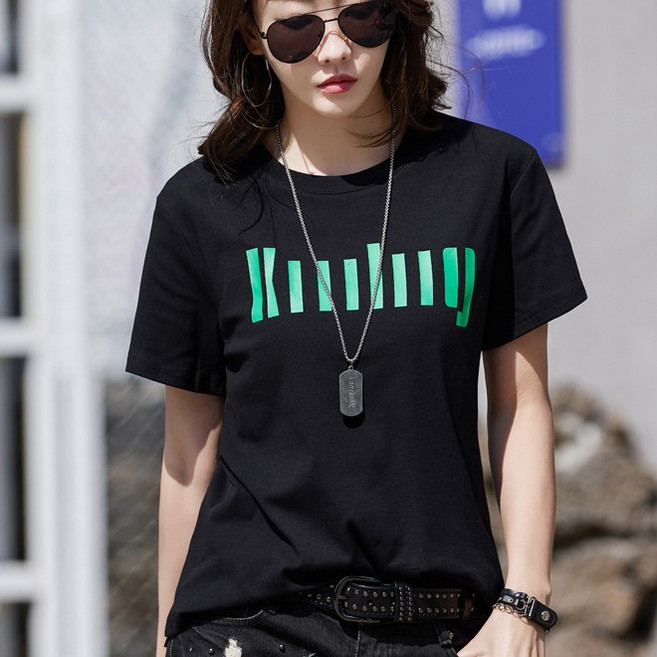 패스타임 여성 여름 라운드 프린팅 티셔츠 면 코튼 기본 데일리 반팔티