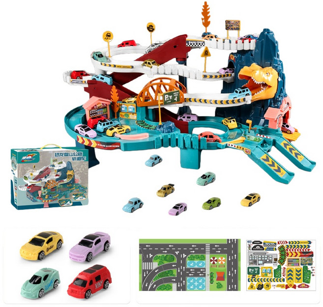 汽車軌道樂園 城市高速公路停車場 拼裝軌道車 兒童益智玩具, 恐龍盤山公路, 1個
