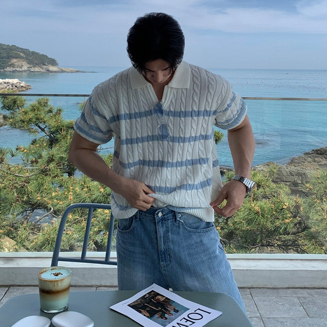 ANYOU 여름 남성 카라 셔츠 루즈핏 스트라이프 얇은 니트 티셔츠 신축성 통기성 반팔 상의