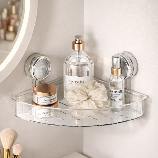 탈부착가능 허니앤코 강력흡착식 무타공 코너형 욕실선반, 투명, 1개