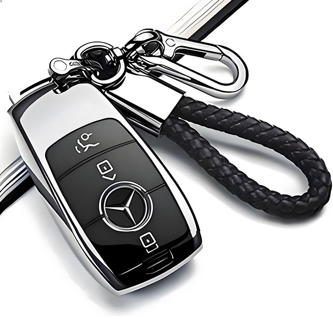 MODACE 벤츠 호환 자동차 스마트키 케이스 TPU + 가죽 메탈 더블 고리 키링, 와 키링, 실버 블랙