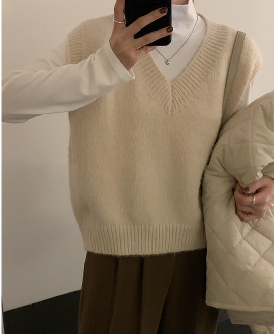 ANYOU 브이넥 니트 베스트 여 가을 겨울 루즈핏 나시 오버핏 풀오버 이너 니트 조끼