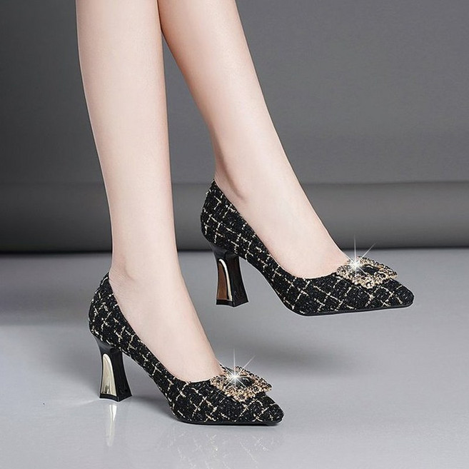 여성용 뾰족코 로우컷 중굽 5cm 힐 오피스 펌프스 신발 봄가을 직장 신발 비보뉴