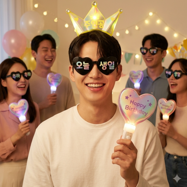 굿즈핸즈 오늘 생일 파티 안경 왕관 용품 머리띠 하트 홀로그램 선글라스, 머리띠1, 응원봉1, 선글라스3, 1세트