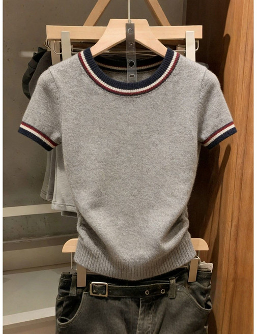 Neirny 여성 빅사이즈 라운드넥 니트 반팔티 봄가을 간절기 스판 심플 캐주얼 데일리 루즈핏 풀오버 아우터 상의