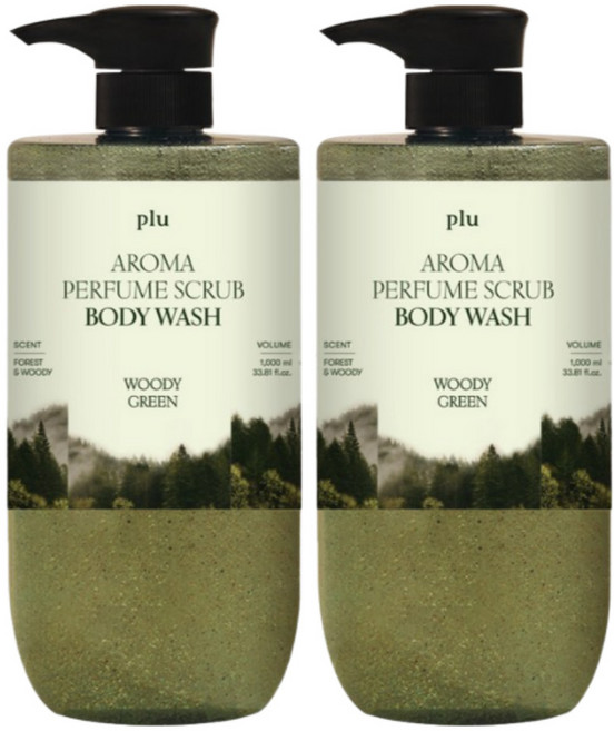 플루 아로마 퍼퓸 스크럽 바디워시 우디그린, 2개, 1L