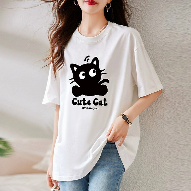 스타일아유 오버핏 캐릭터 프린트 반팔티 라운드넥 트렌디 여성 티셔츠 데일리 우유실크원단 TS3486
