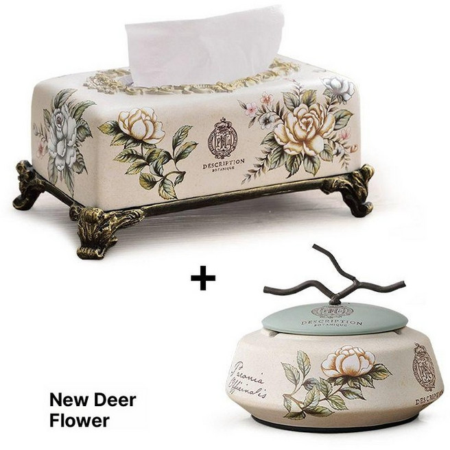 엔틱 각티슈 케이스 인테리어 사각 새 티슈케이스 도자기, 1개, 신선한 사슴 꽃+스모크그레이 용기-지오메트릭