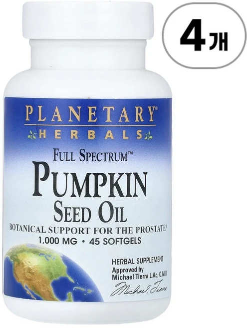 플래네터리 허벌 풀 스펙트럼 펌킨 시드 오일(호박씨유) 1 000mg Planetary Herbals Full Spectrum™ Pumpkin Seed Oil 1 000 mg, 4개, 45정 - 쿠팡