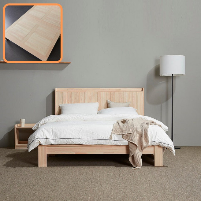 바르숲 고급무절 루바형 편백나무 통원목 평상형 침대 프레임, 베이지