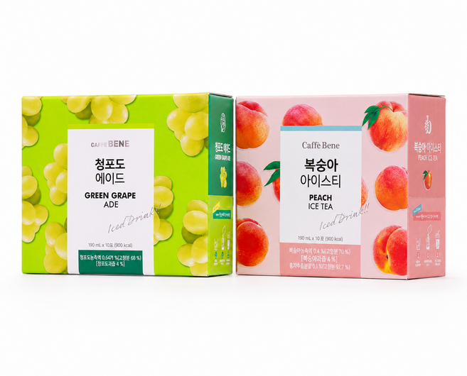 카페베네 복숭아 아이스티 청포도 에이드 혼합세트, 20개, 190ml