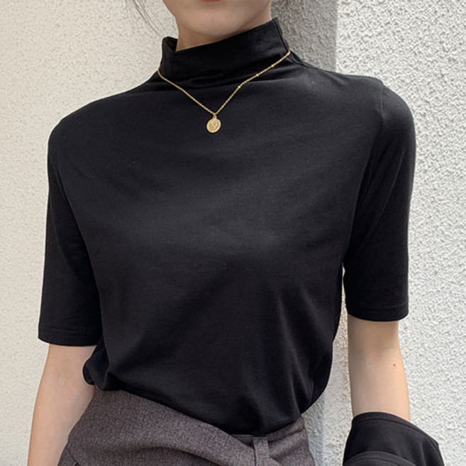 여성 이너티 부드러운 실켓 7부 티셔츠 하이넥 티블라우스 입술넥 미시 티셔츠 이너티