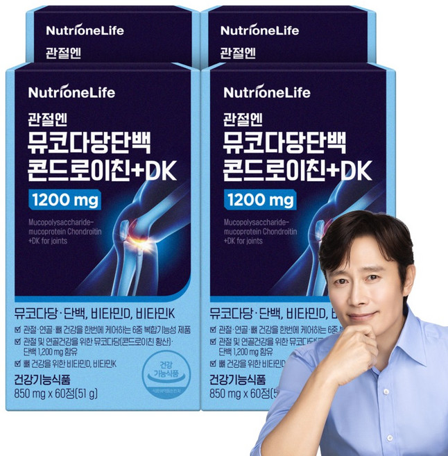 [본사출고] 뉴트리원 관절엔 뮤코다당 단백 콘드로이친 +DK 1200mg 소연골추출물 관절 뼈 건강 집중케어 골다공증 완화 비타민D 비타민K 1일 1회 1일 2정, 60정, 4박스