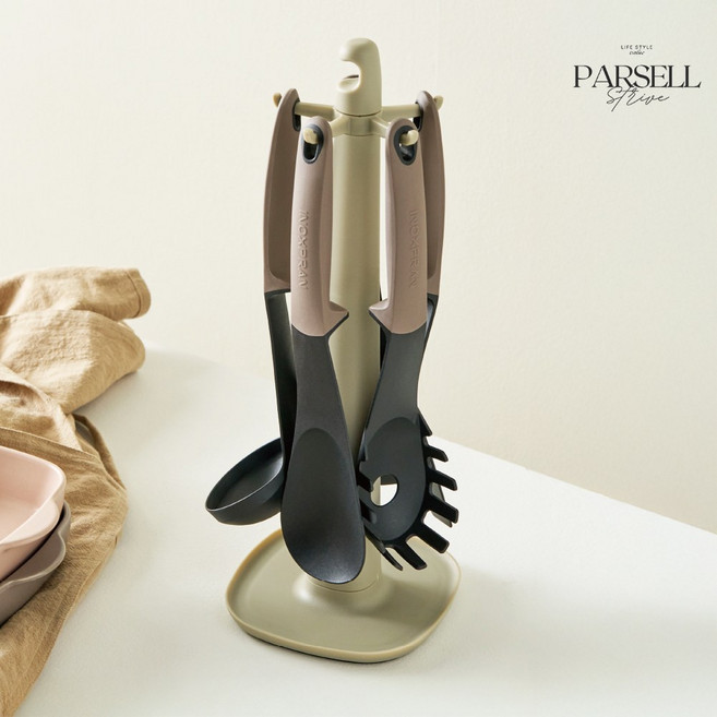 파르셀 Bpa Free 조리도구 6종 세트, 1세트, 블랙, 요리스푼+국자+면국자+뒤집개+슬림뒤집개+거치대