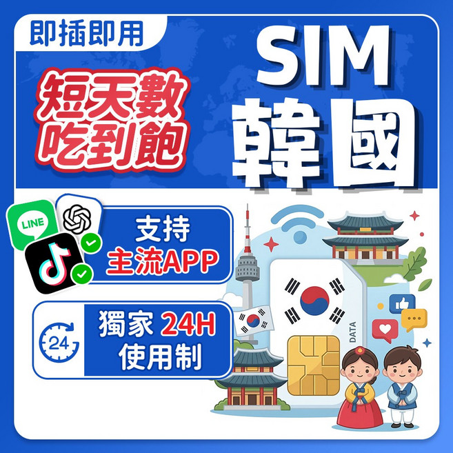 飛網科技 韓國網路卡 SIM卡 高速上網, 1個, 高速每日1GB+無限量,3天