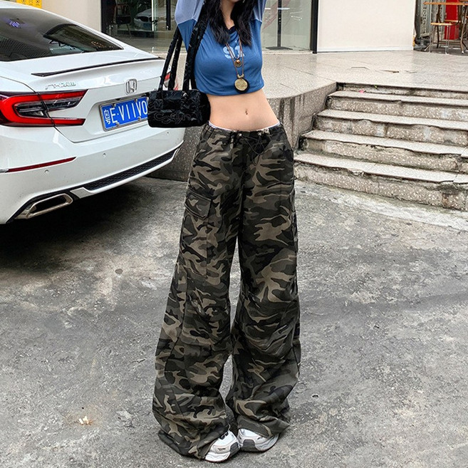 SunburstWonder 남녀 가을 겨울 바지 와이드 카모 와이드 카고 로우웨이 댄스