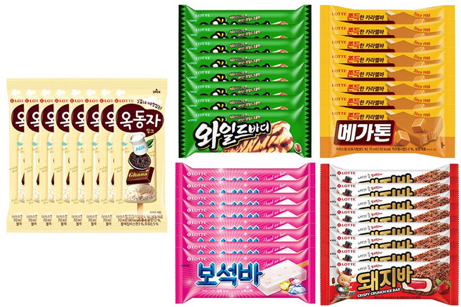 바 아이스크림 5종 상품 세트 구성 (옥동자 / 와일드바디 / 메가톤바 / 보석바 / 돼지바 ), 40개, 70ml