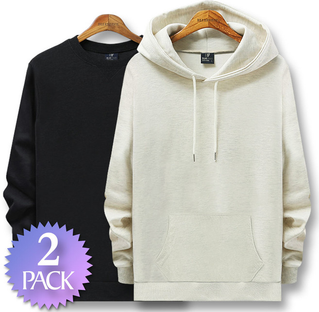 블루포스 심플 맨투맨 + 트렙 후드티 [2장 묶음] 무지 남자 긴팔 티셔츠 남성 빅사이즈 운동복 가을 단체티 커플티 츄리닝