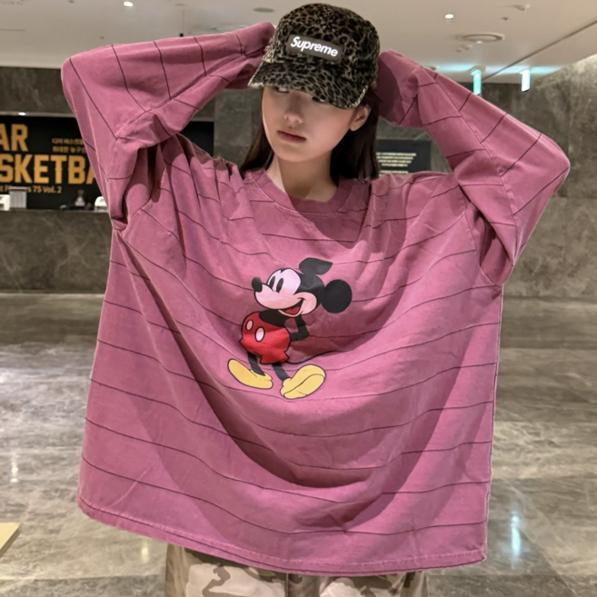 (숏버젼) 피그먼트 미키 핀스트라이프 긴팔티 오버핏 라운드