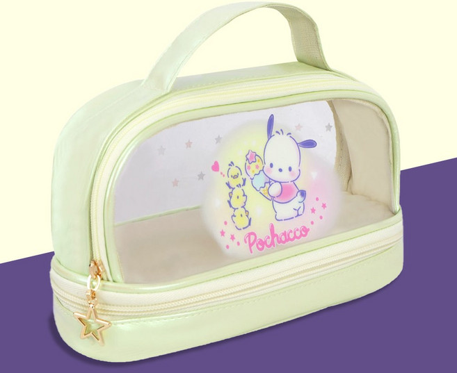 산리오 포차코 필통 투명 2단 대용량 캐릭터 화장품 파우치 가벼운 경량 인조가죽 지퍼필통 초등학생 중학교 학생 어린이날 선물, 1개