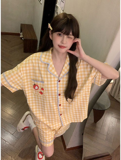 新款甜美風睡衣女秋冬長袖格子寬鬆家居服套裝