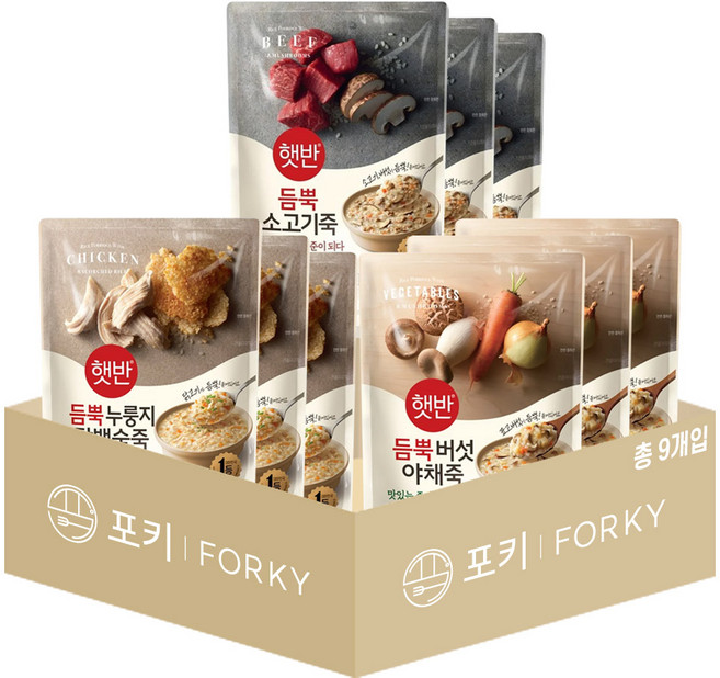 듬뿍 파우치죽 9개 혼합세트 (듬뿍누룽지닭백숙죽+듬뿍버섯야채죽+듬뿍소고기죽 각 3개), 1세트