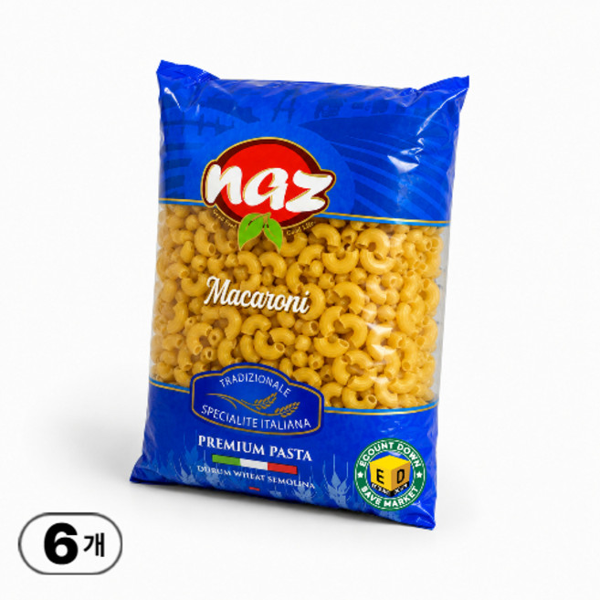 프리미엄 이탈리아 전통 나즈 마카로니 파스타면, 6개, 500g