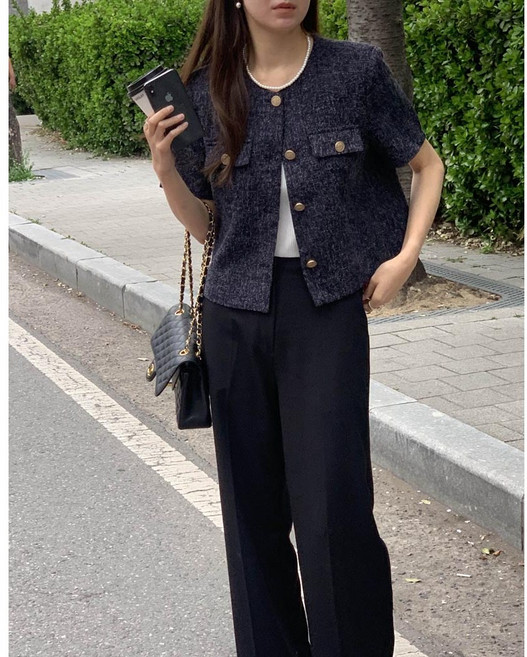 (자체제작) 루어스룸 젤리 봄 가을 간절기 루즈핏 긴팔 골드버튼 포켓 라운드넥 숏 트위드 하객룩 자켓