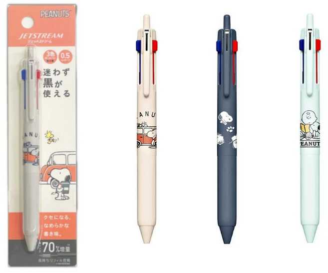 뉴 피너츠 스누피 제트스트림3색볼펜 블랙잉크 증량 0.5mm, 1개, 블루그레이 - 쿠팡