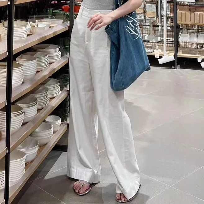 모던허니 여성 와이드 뒷밴딩 화이트 롱 린넨 팬츠 여름용 아이스 캐주얼 출근룩