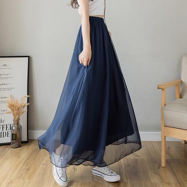 加大尺碼雪紡闊腿褲裙 垂墜感雙層雪紡長褲裙 顯瘦大擺褲裙 藍色