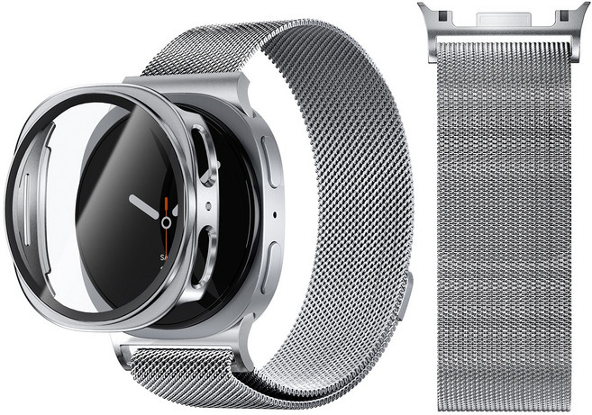 AITEWO 갤럭시워치 애플워치 호환 스트랩 마그네틱 밀레니즈 메탈 밴드 시계줄 액정보호 강화유리 풀커버 케이스 세트, 1개, 실버