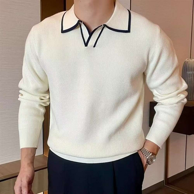 JIEVE 폴로칼라 하라주쿠 패션 배색 심플 캐주얼 봄가을 남자용 소프트 성숙 스타일 니트 상의 W18