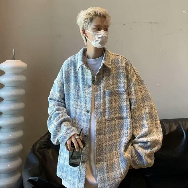 男款格子翻領寬鬆毛呢外套
