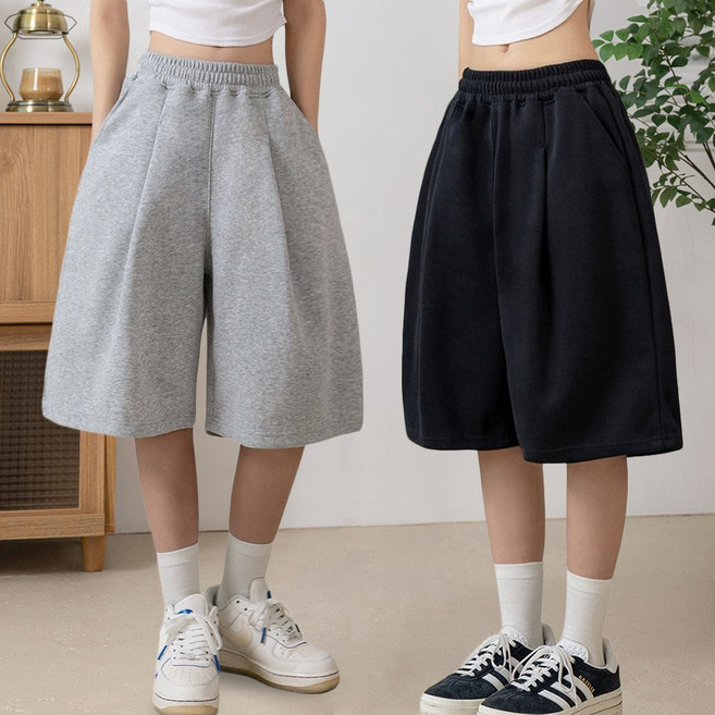 FITOJIM 여성 반바지 원턱 와이드 버뮤다 팬츠 츄리닝 트레이닝 바지 2종세트
