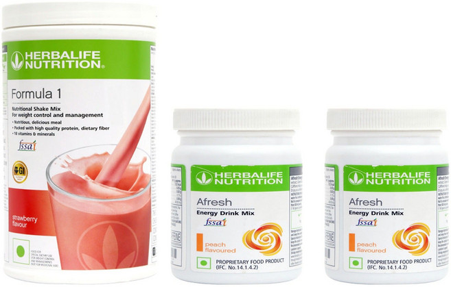 허벌라이프 포뮬러 1 스트로베리 영양 쉐이크 500g와 어프레쉬 피치 에너지 드링크 믹스 50g 세트 (일상 건강 웰빙 및 에너지 지원용), 3개입, 1개