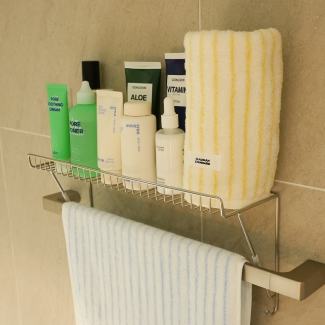 별별공간 무타공 수건걸이 거치 선반, 실버, S-14